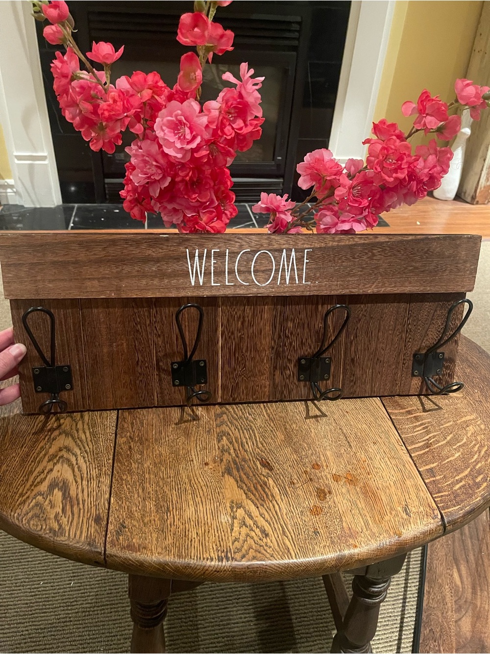 Rae Dunn Welcome Wooden Wall Hook Rack - Brown with Black Hooks